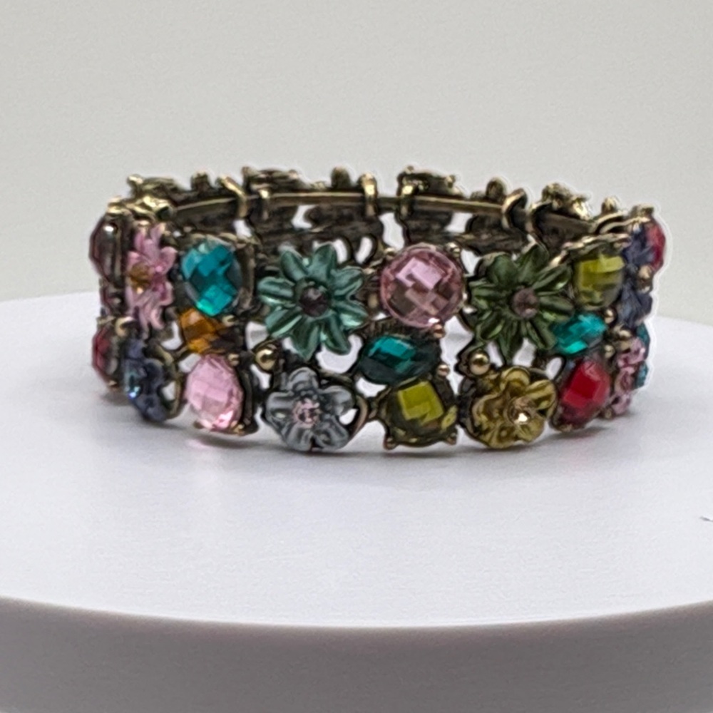 Vintage Style Floral Multicolor Crystal Clamper Bracelet Cuff - Picture 1 of 6
